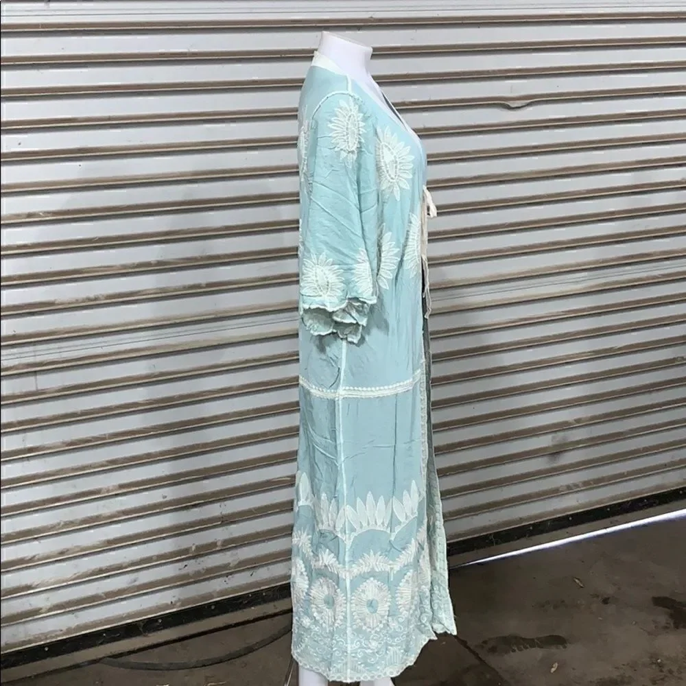 Long Sage kimono long sleeve tie front embroidery